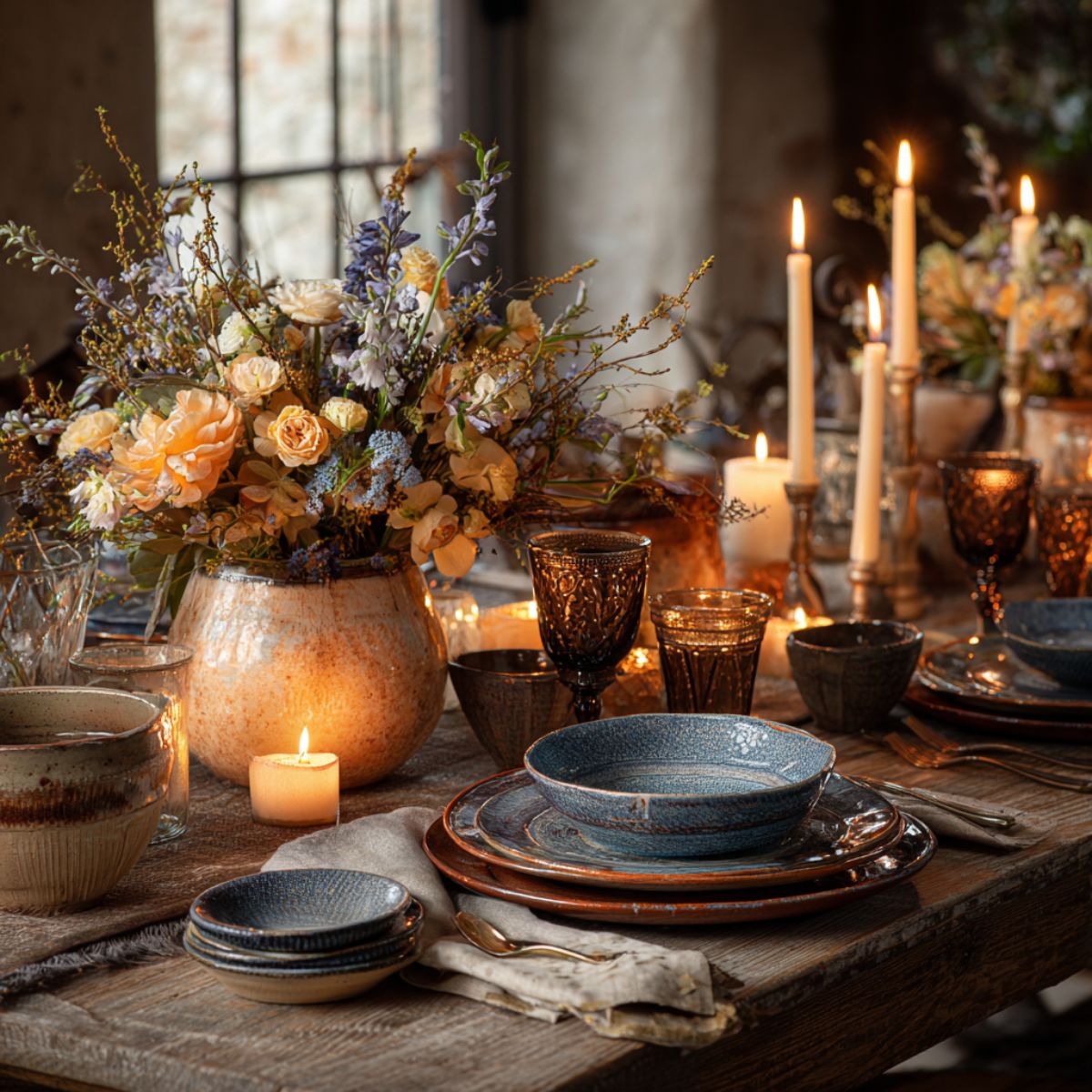 Elegant dinner table with taper candles, flowers, and rustic tableware for a warm, cozy home setting