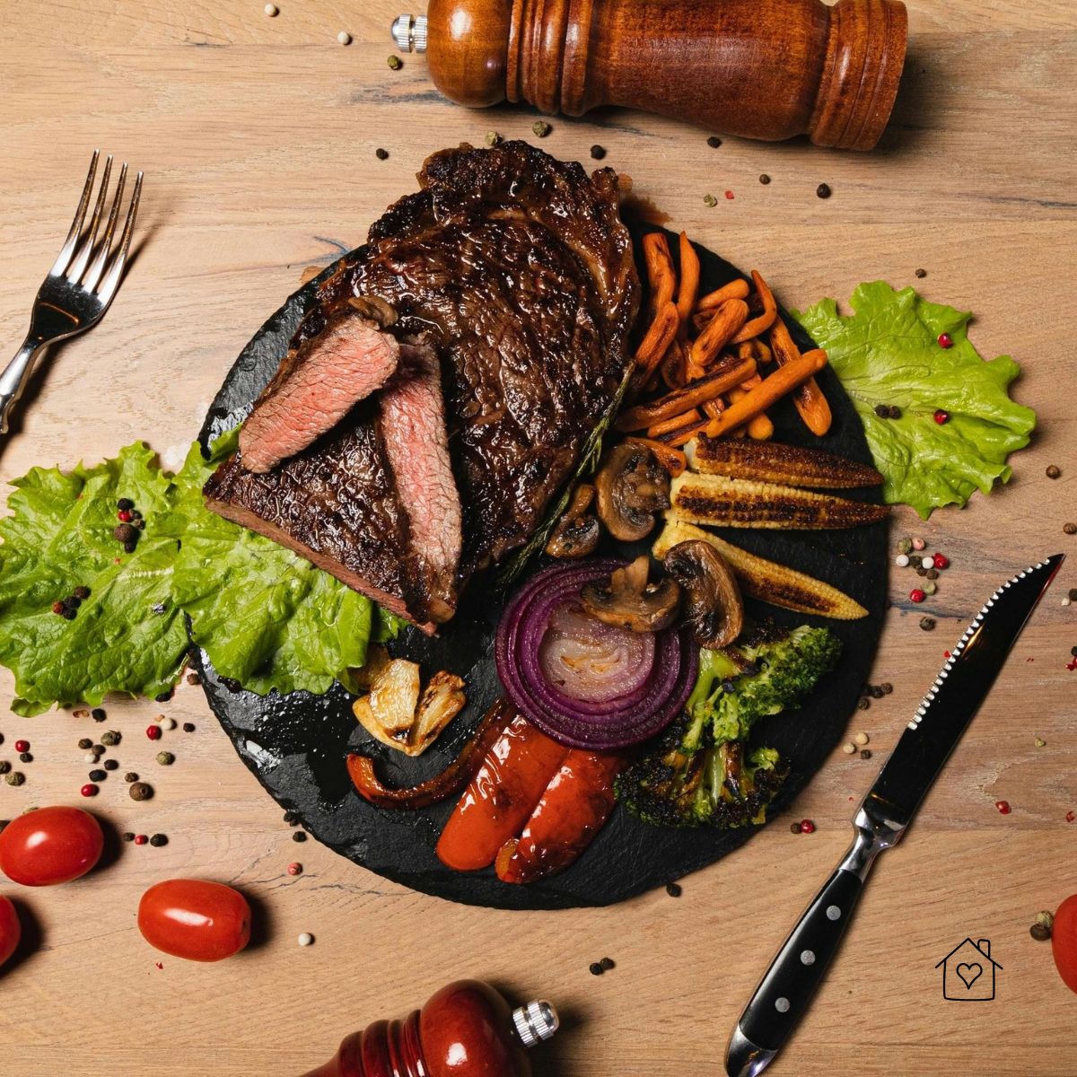 A sliced steak served with grilled vegetables, onions, mushrooms, and lettuce on a black serving plate.