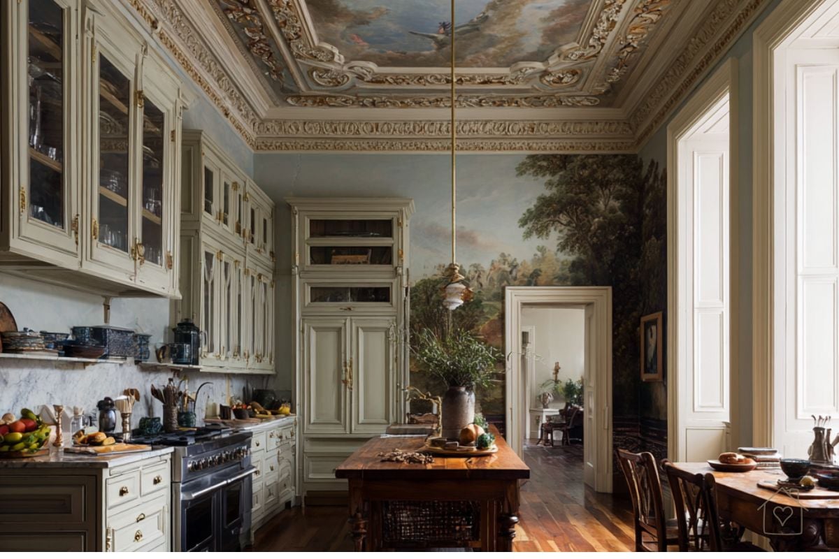 Traditional estate kitchen with ornate ceiling artwork and expansive wall mural of countryside landscapes, blending with antique cabinetry.