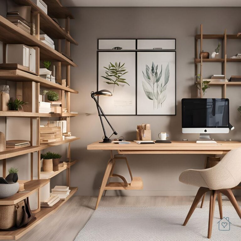 Stylish home office with wooden desk, shelving, natural light, and botanical wall art.