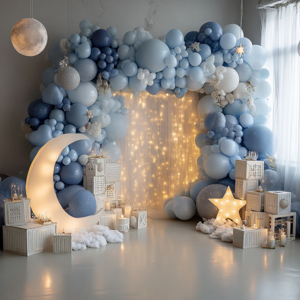 A dreamy balloon arch in soft blue tones with glowing moon and star props, twinkling lights, and cozy white crates, creating a celestial-inspired party entrance.