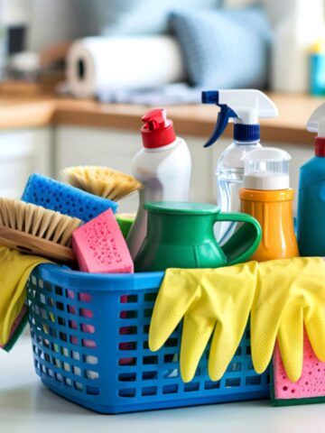 Basket filled with cleaning products, brushes, sponges, and yellow gloves on a kitchen counter.