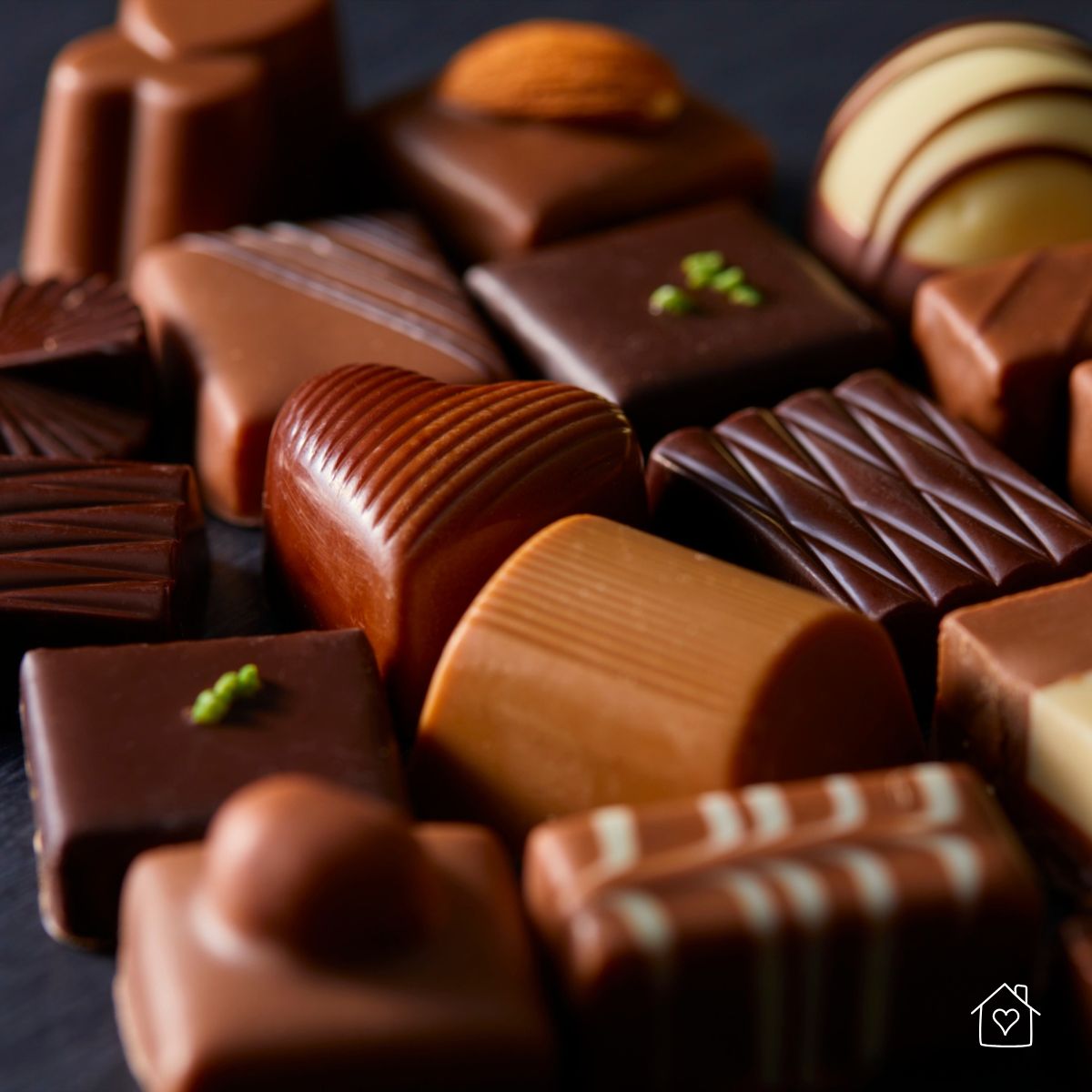 Assorted European-style bonbons with textured shells and ganache centers, arranged as a tasting flight for a luxury chocolate collection.