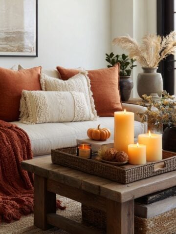 Cluster of glowing candles on a rustic coffee table with cozy throw blankets and fall-inspired decor.
