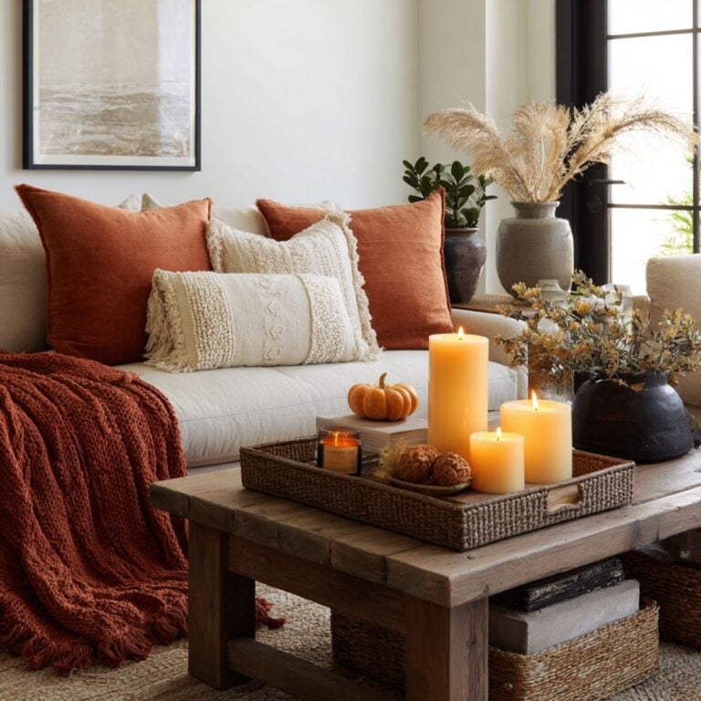 Cluster of glowing candles on a rustic coffee table with cozy throw blankets and fall-inspired decor.