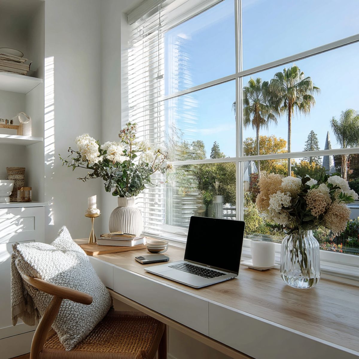 Modern home office desk setup with laptop and flowers, overlooking palm trees in sunny California