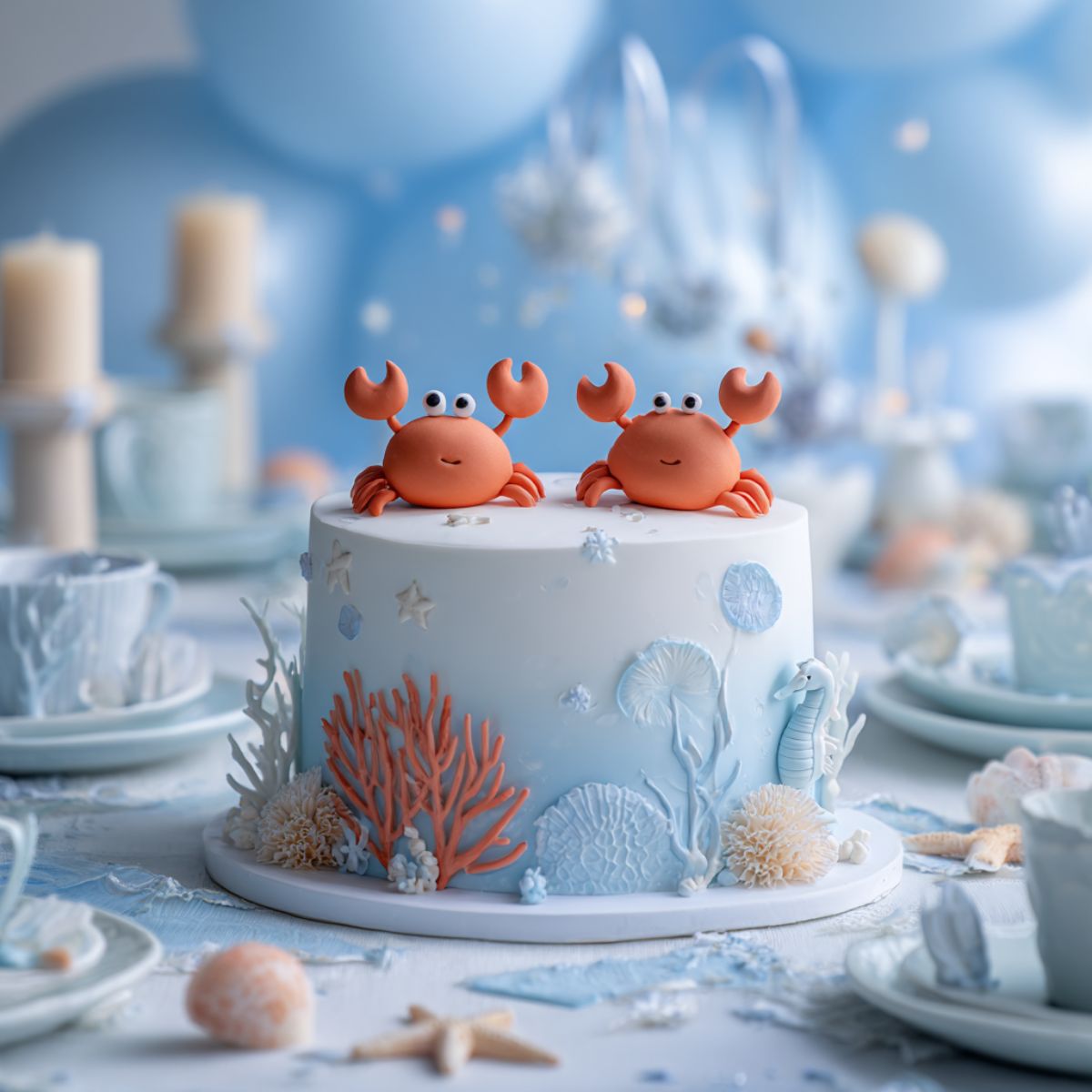 An ocean-themed party cake decorated with coral, seashells, and two adorable crab toppers, set against a background of light blue balloons and coastal-inspired tableware.