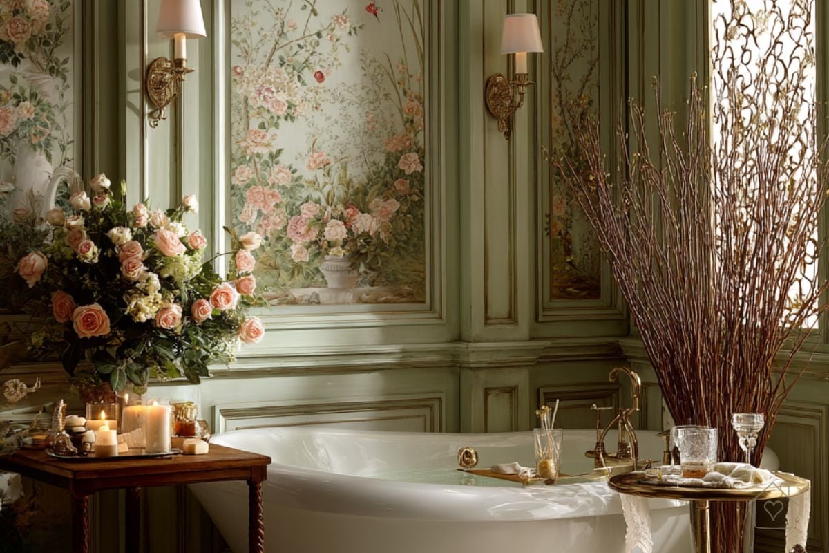 Elegant bathroom with freestanding tub, vintage sconces, and wall murals of blooming roses and vines, styled with candles and fresh flowers.