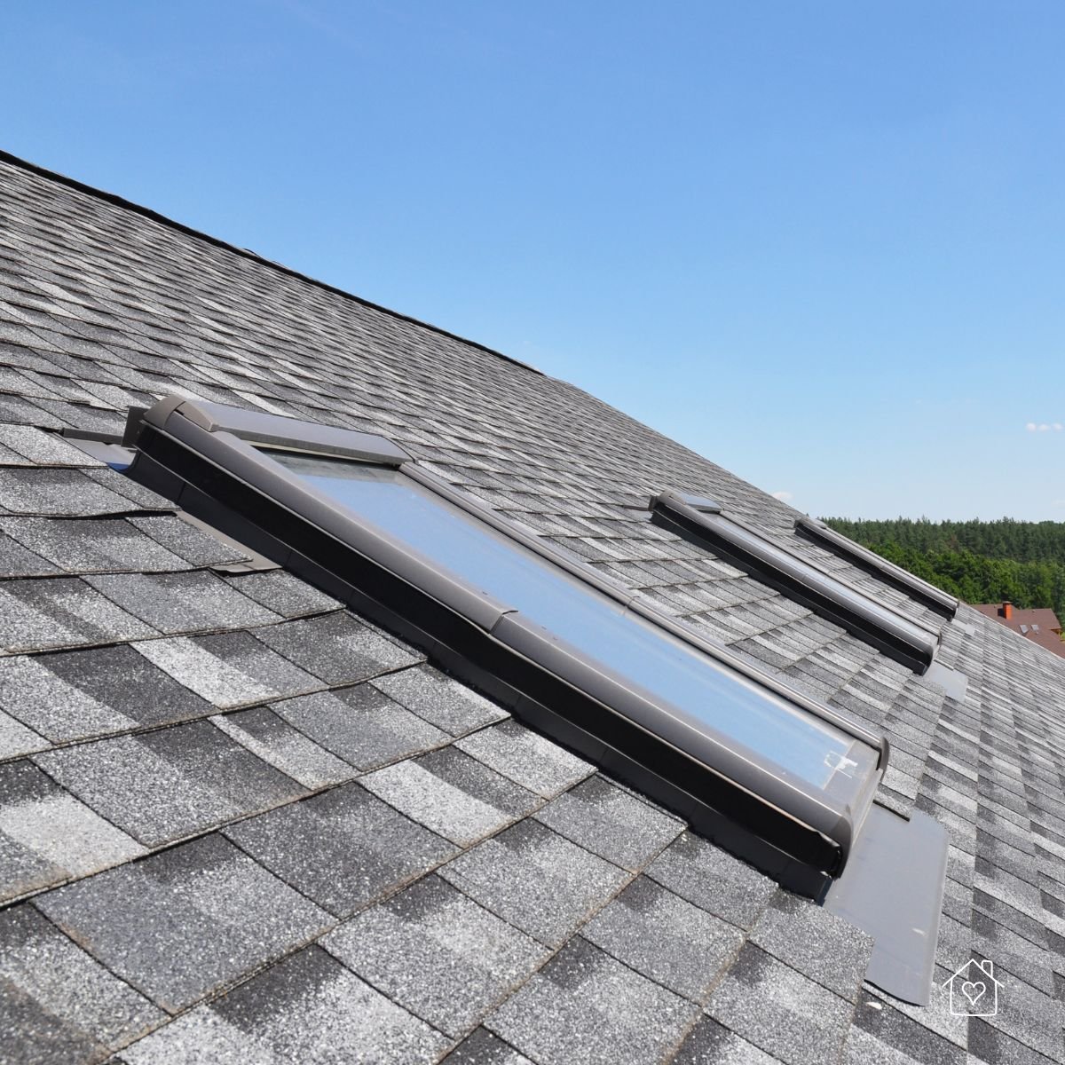Two roof skylights with clean metal flashing installed on gray asphalt shingles.