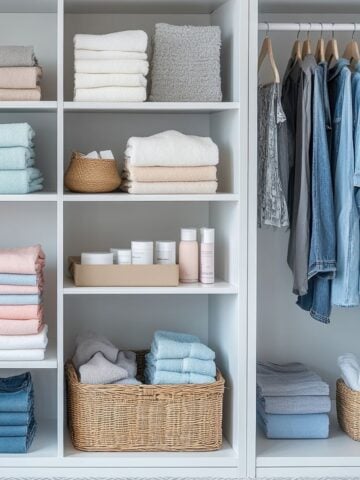 Decluttered closet with neatly folded towels, baskets, and hanging clothes arranged by color.