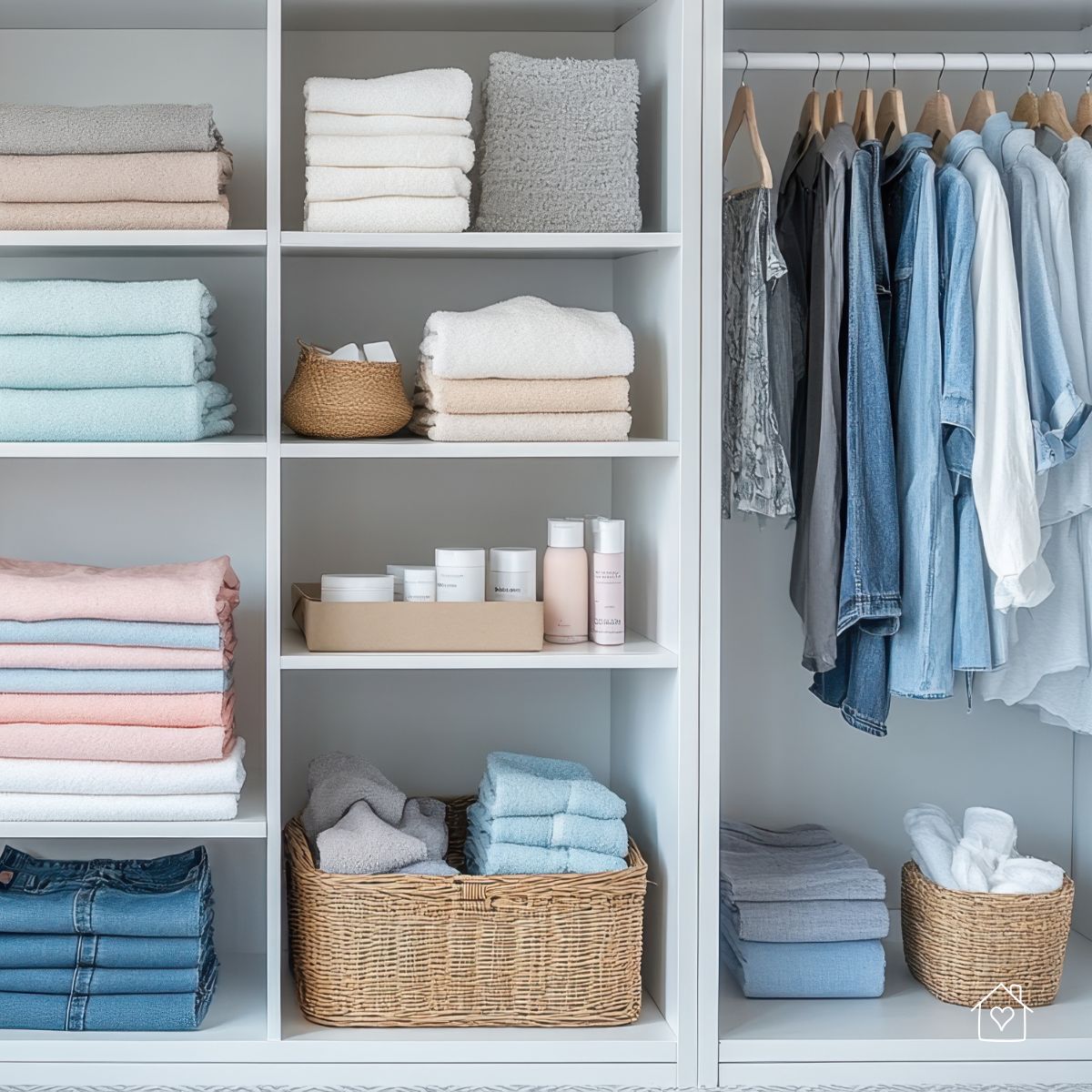 Decluttered closet with neatly folded towels, baskets, and hanging clothes arranged by color.