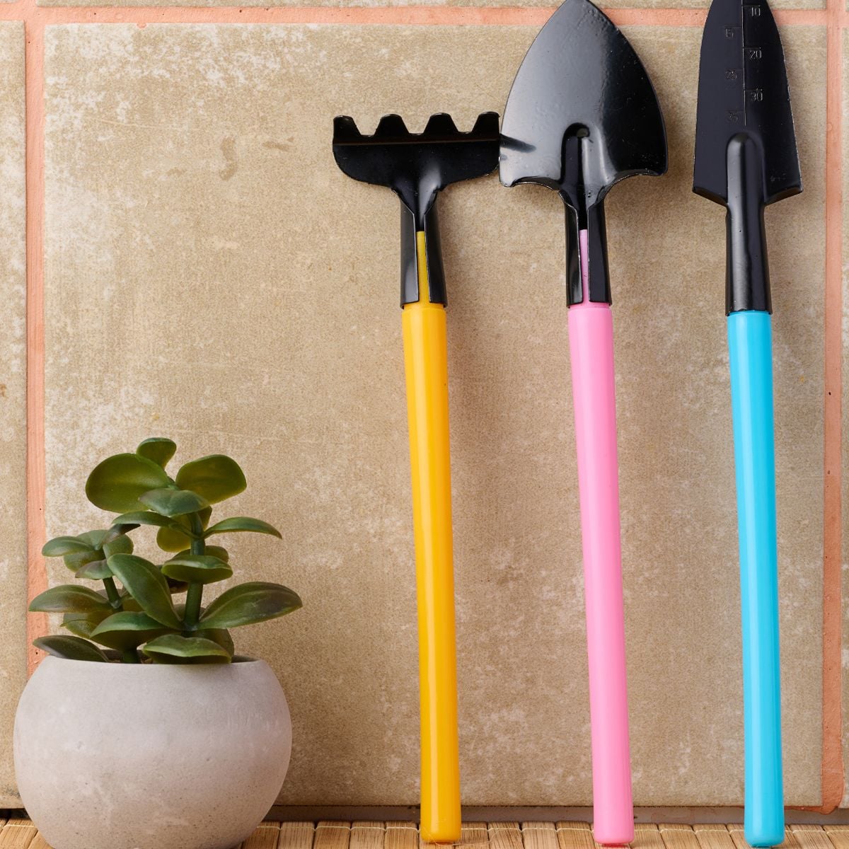 Mini garden tools with bright handles (yellow, pink, and blue) next to a small potted succulent.