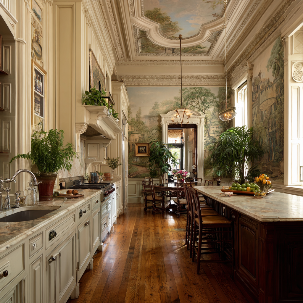 Luxury kitchen with detailed hand-painted wall and ceiling murals of trees and gardens, complementing cream cabinetry and wood floors.