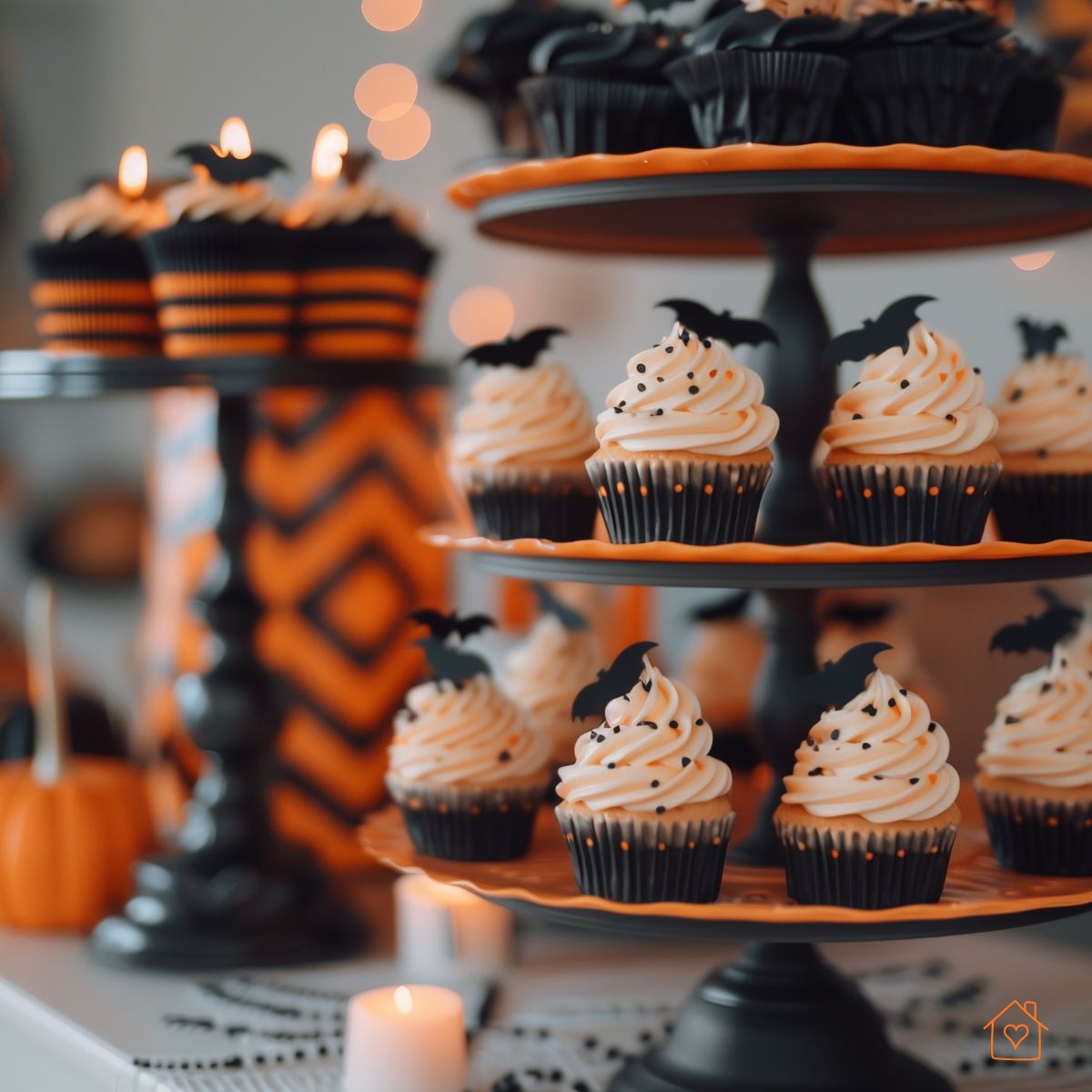 Black and orange frosted cupcakes with bat toppers arranged on a tiered dessert stand.