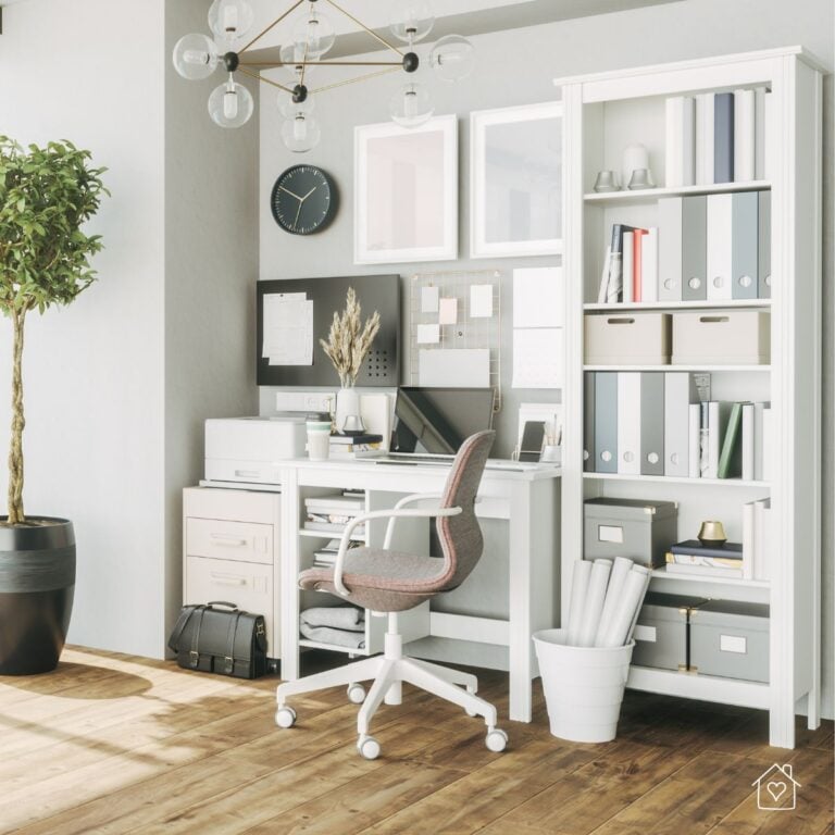 Minimal home office with ergonomic chair, compact desk, pegboard, and tall shelving for files and bins.
