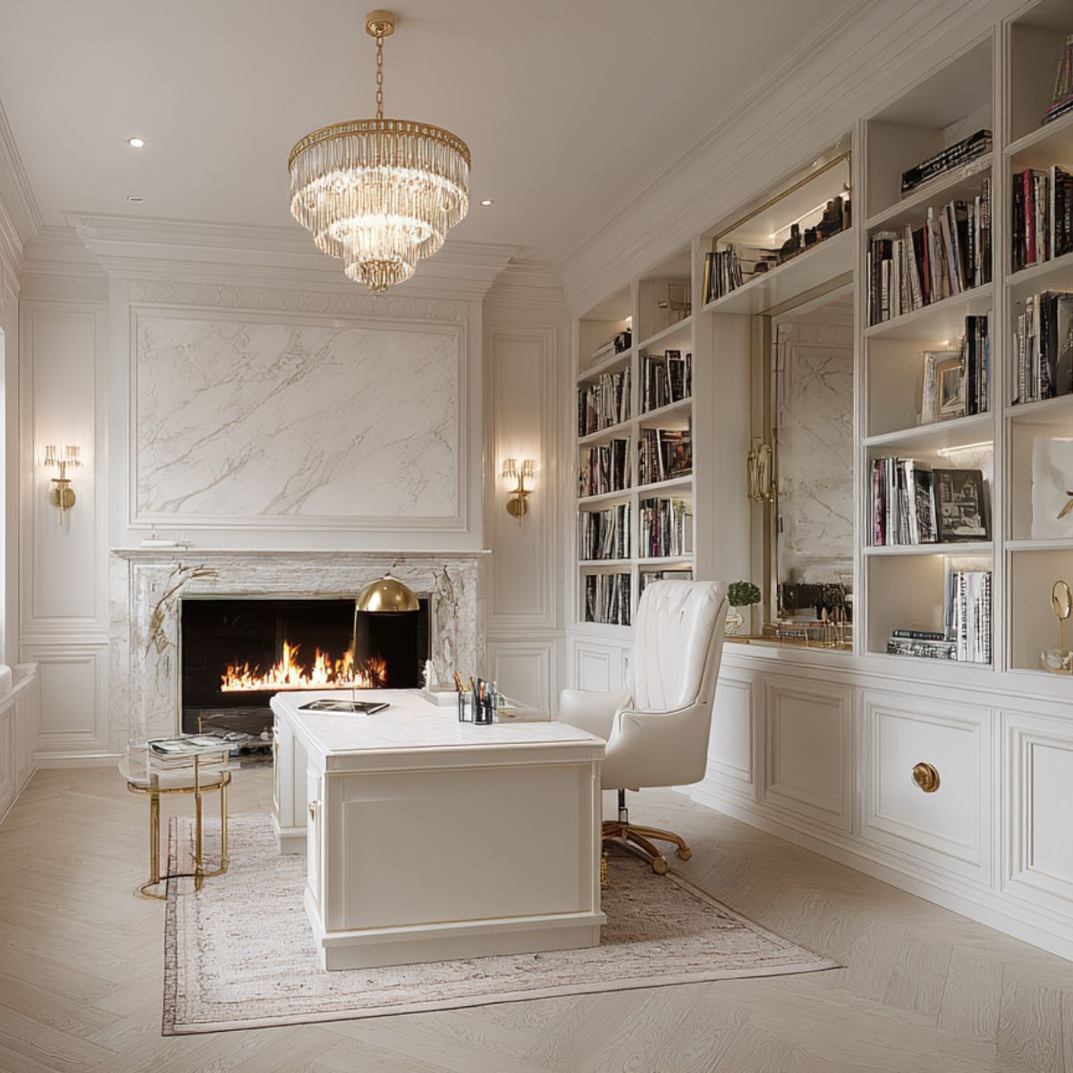 Luxurious basement home office featuring a marble fireplace, chandelier, built-in bookshelves, and a white executive desk with a cozy ambiance.