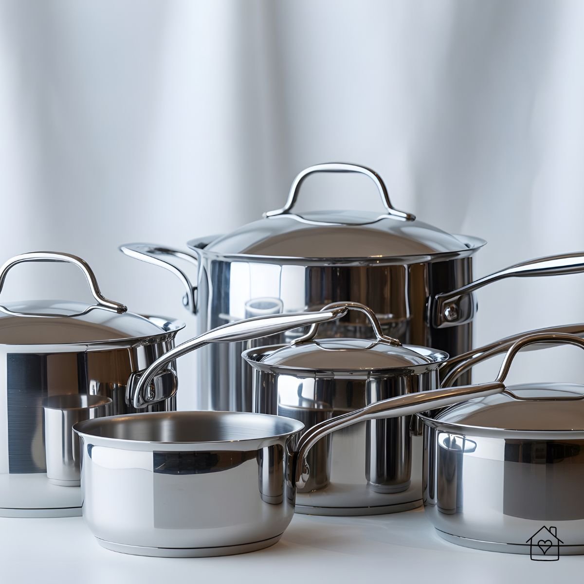 A polished stainless steel cookware set including pots and saucepans neatly arranged on a white counter, reflecting light to show their mirror finish.