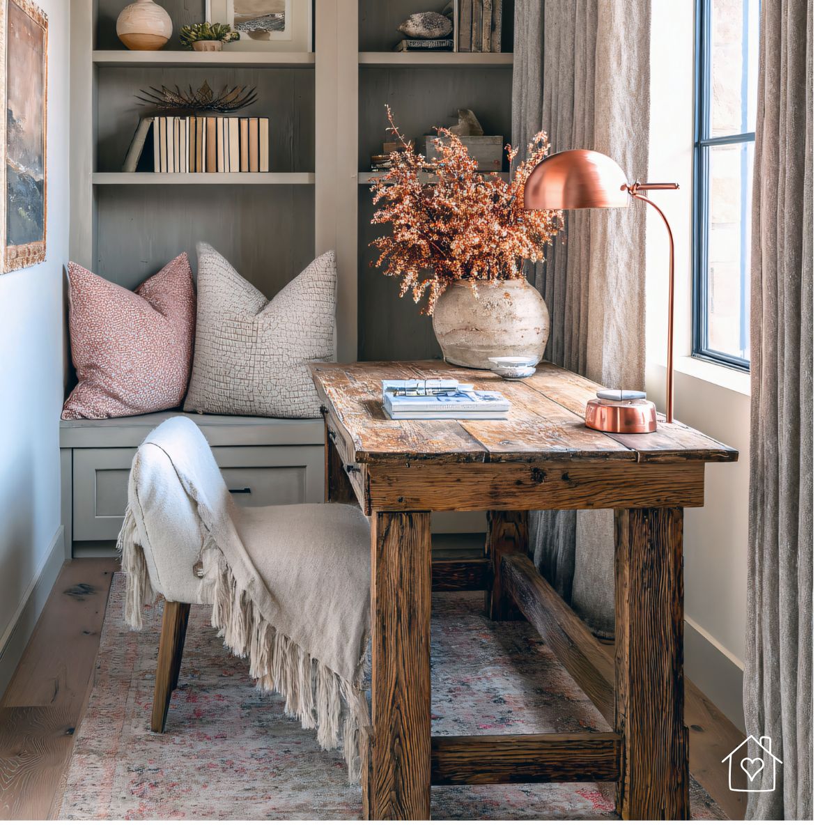 A cozy home study nook featuring a rustic wooden desk, soft textured chair, and copper lamp beside a window, creating a warm and focused atmosphere for studying or writing.