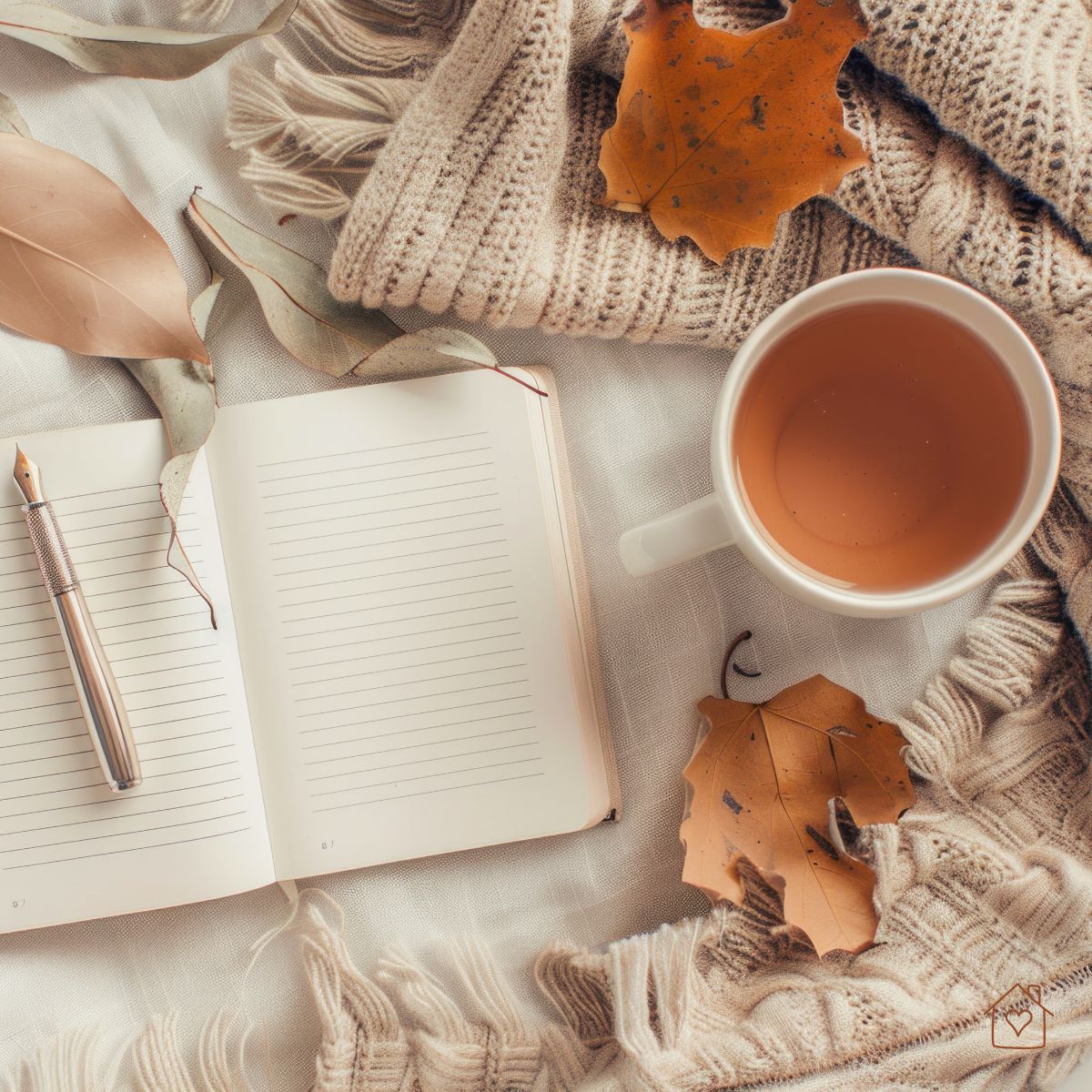 Open journal with pen and cup of tea on a knit throw with autumn leaves, cozy and reflective.