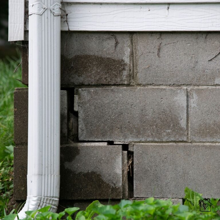 Close-up of a cracked cinder-block foundation with water stains beside a downspout-signs of poor drainage and seepage.