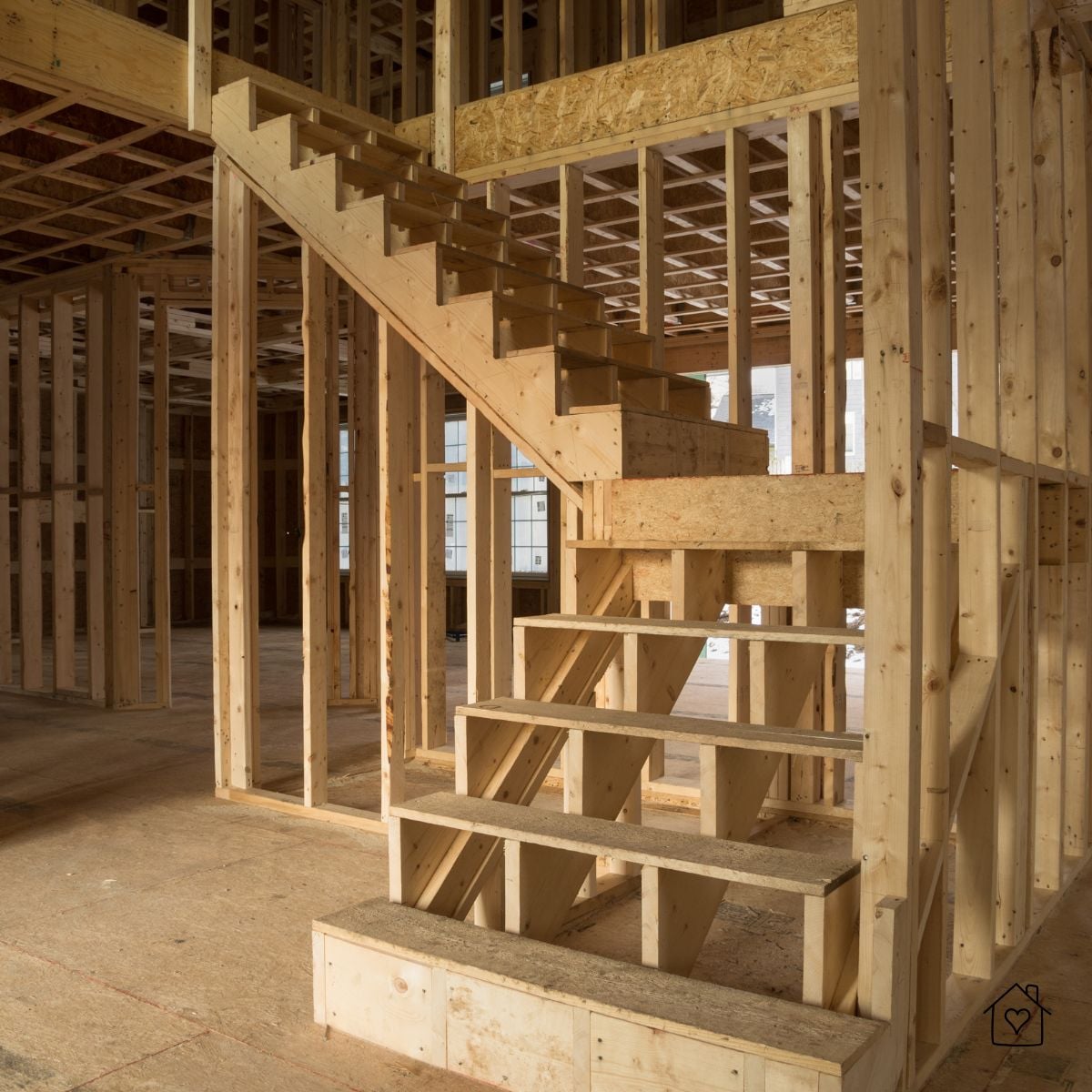 Timber framing with a partially built staircase inside a new custom home.