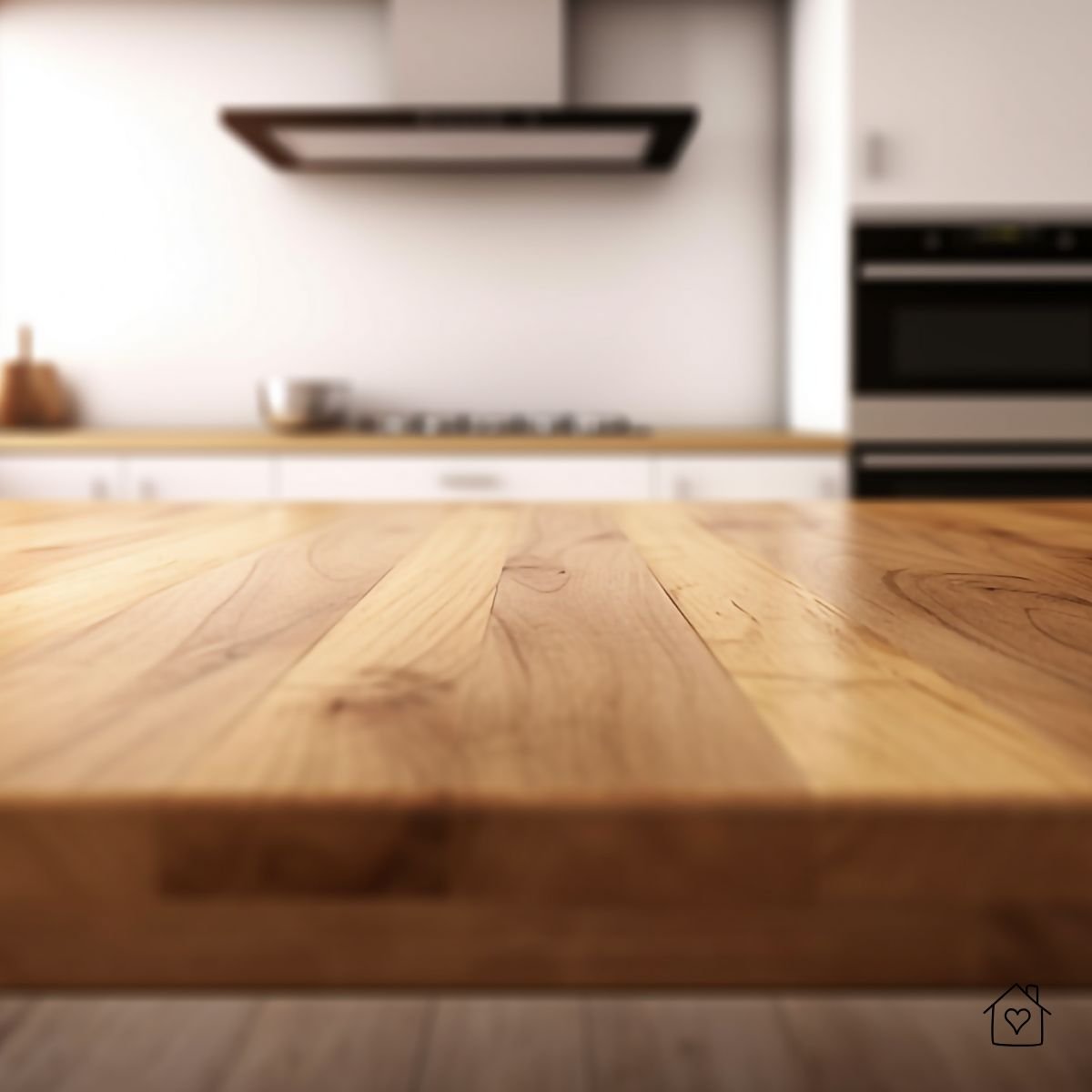 Wood island top in foreground with subtle overhang; kitchen blurred behind.