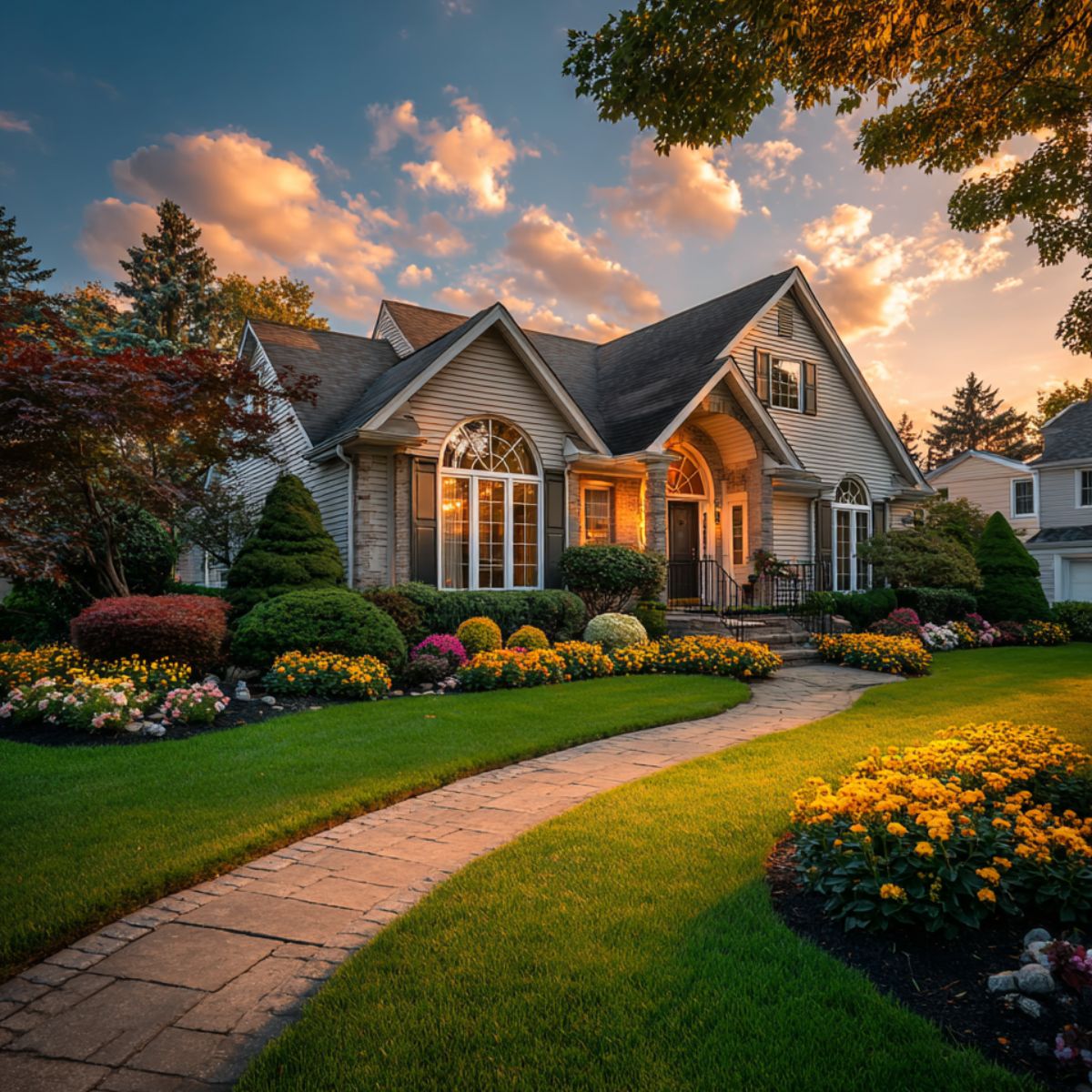 Single-family home framed by curved walkway, flowering beds, and lush lawn in golden hour light.
