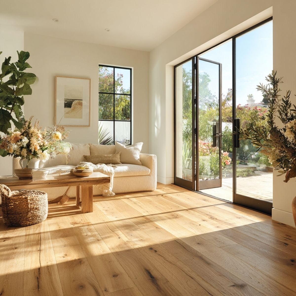 Sunlit living room with wide-plank luxury vinyl plank flooring, neutral sofa, and greenery by black-frame doors.