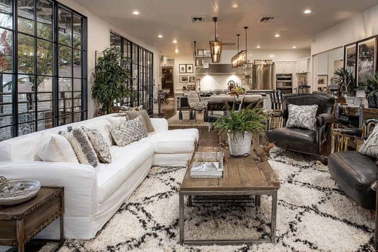 Stylish living area with a mix of leather and white sofas, wood coffee table, and black framed windows leading into an open kitchen and dining area.