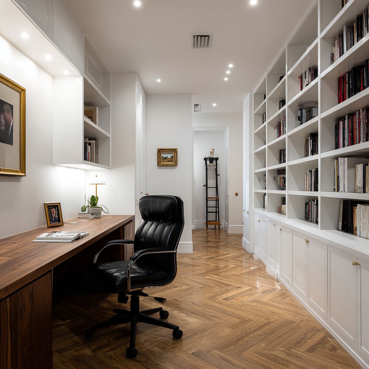 Sleek basement office with a long wooden desk, black leather chair, white built-in bookshelves, and warm recessed lighting along a polished wood floor.
