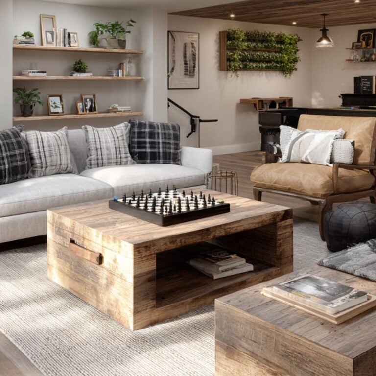 Cozy living room with neutral sofa, leather chair, rustic coffee table, open shelves and plants-quiet zone flooded with daylight.
