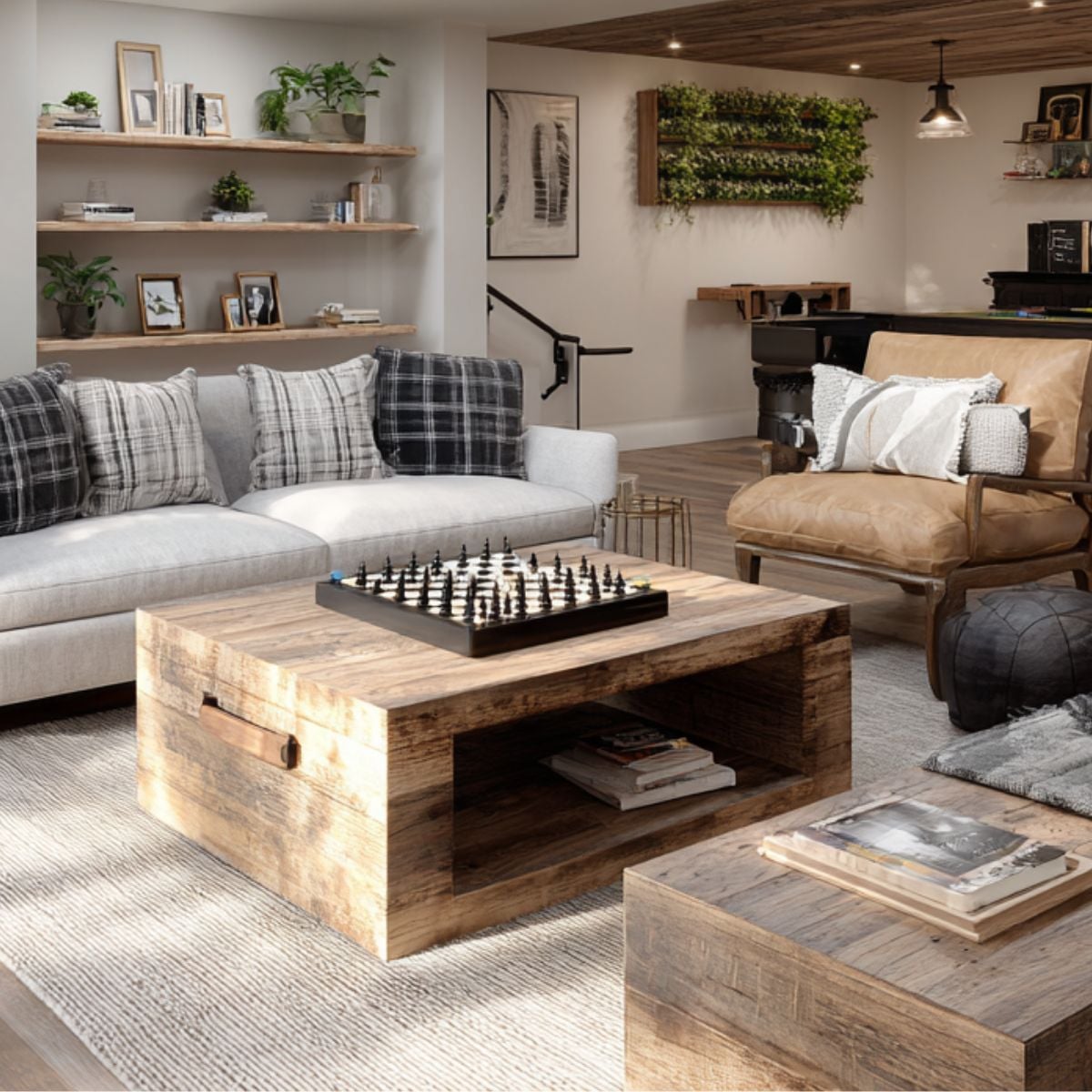 Cozy living room with neutral sofa, leather chair, rustic coffee table, open shelves and plants&mdash;quiet zone flooded with daylight.