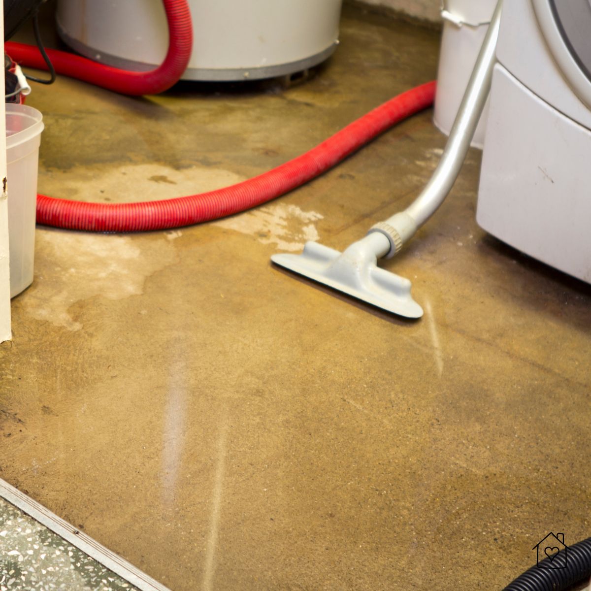 Standing water on a concrete basement floor being vacuumed near the laundry, with a red hose&mdash;illustrating interior drainage needs.
