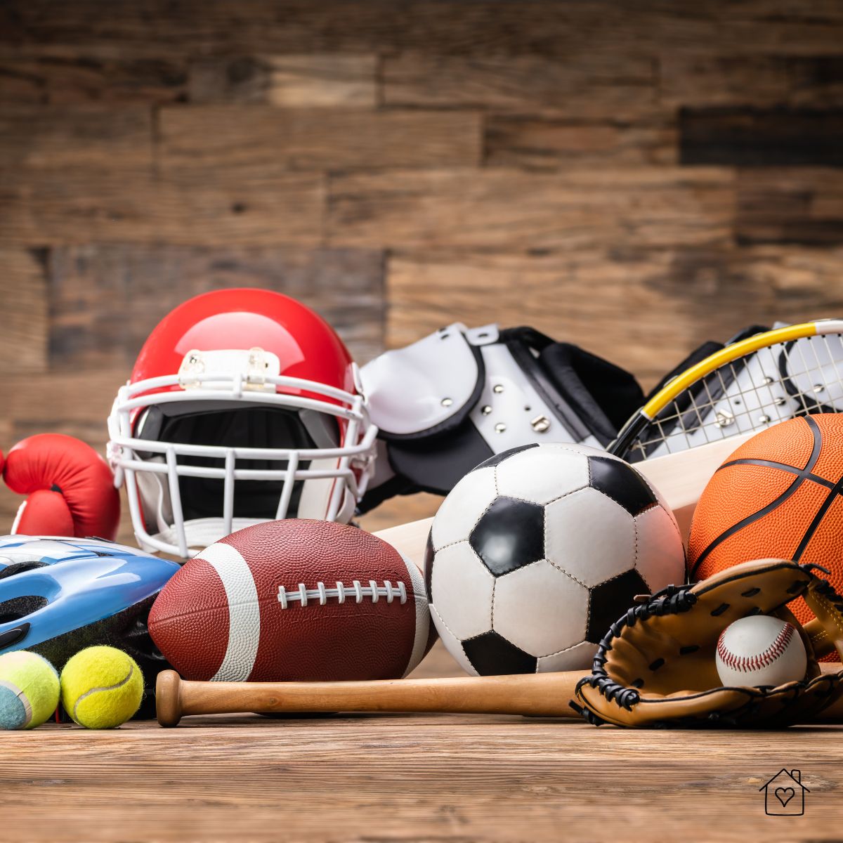 Assorted sports equipment—helmet, balls, bat, gloves—grouped together to show zoning for a shed drop zone.
