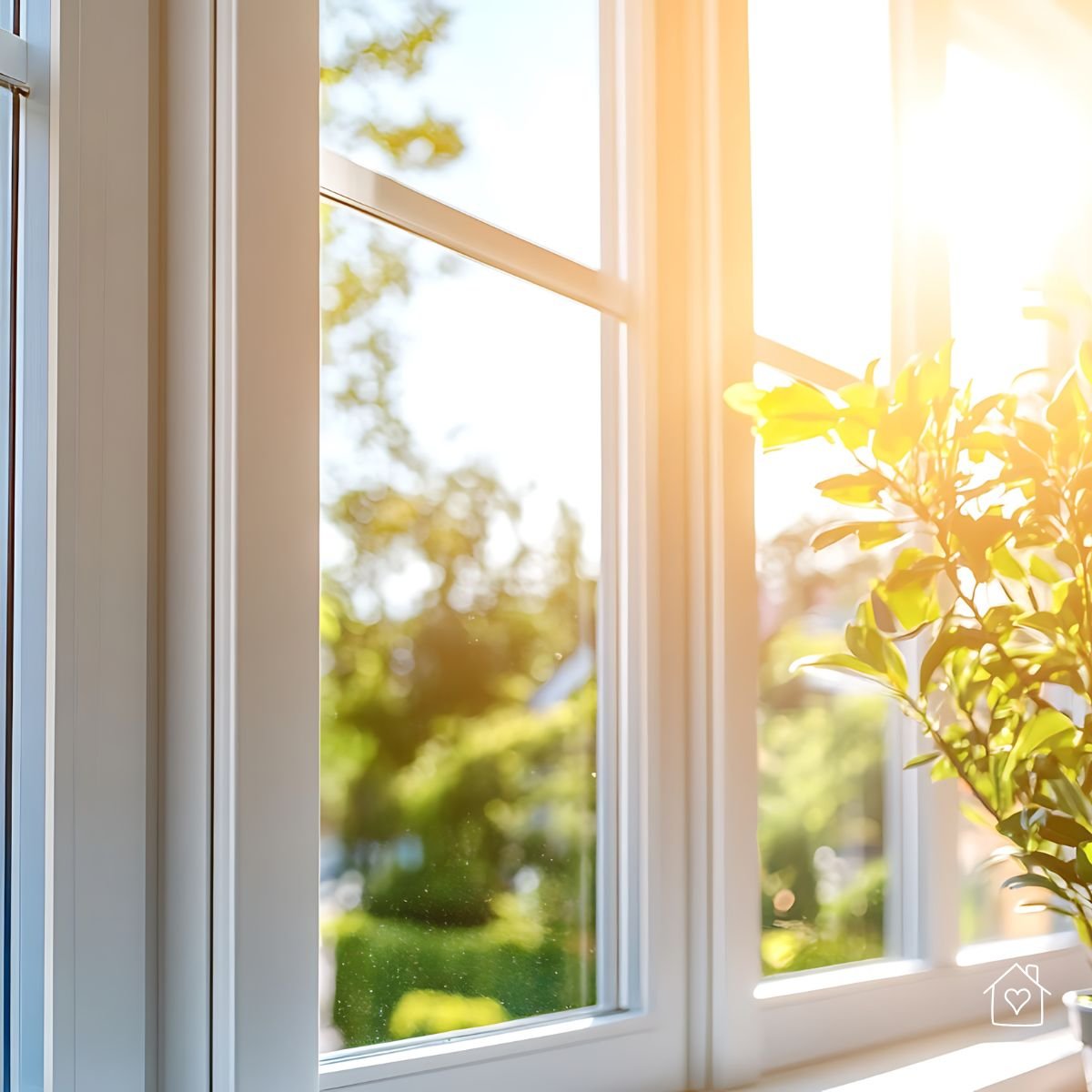 Close-up of bright sunlight streaming through a spotless white-framed window with a houseplant, illustrating how clean glass maximizes natural light.