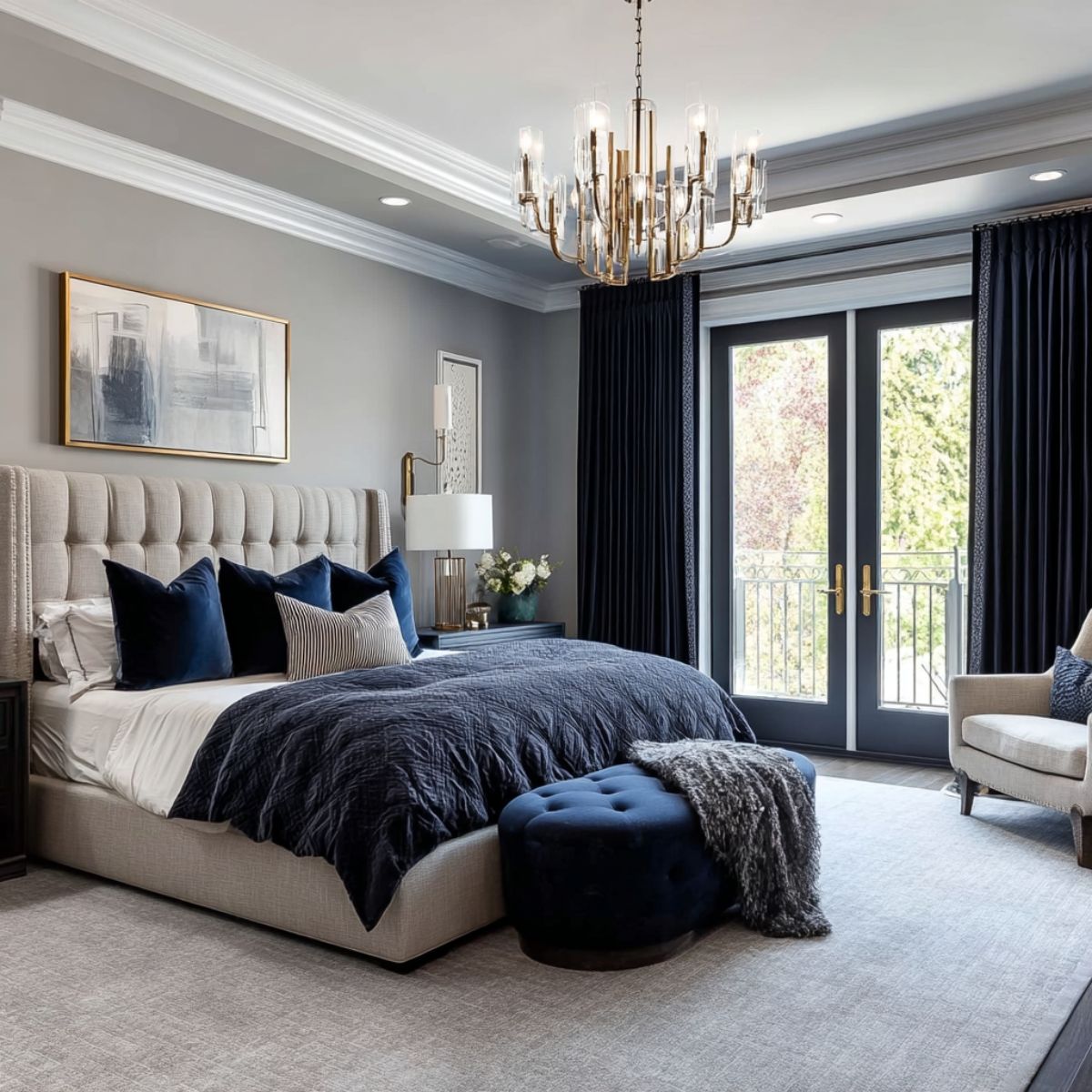 Luxury bedroom with tufted bed, navy drapes, chandelier, and French doors—sound-dampened, restful sleeping zone.
