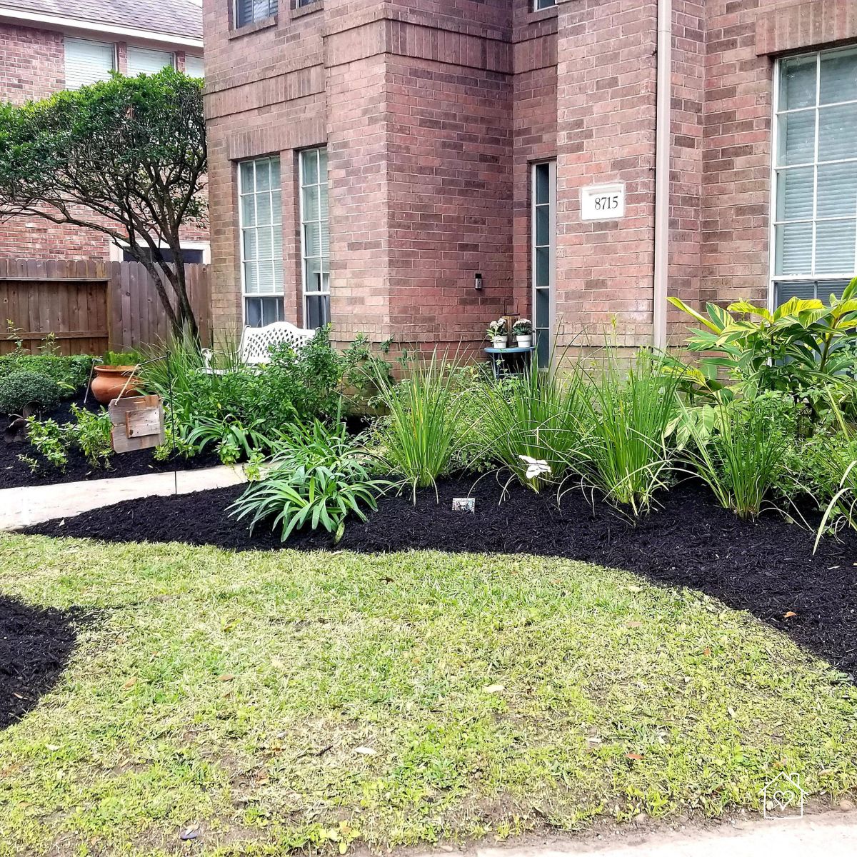 Front yard beds refreshed with dark mulch and new plants, creating a clean curved edge against the lawn.