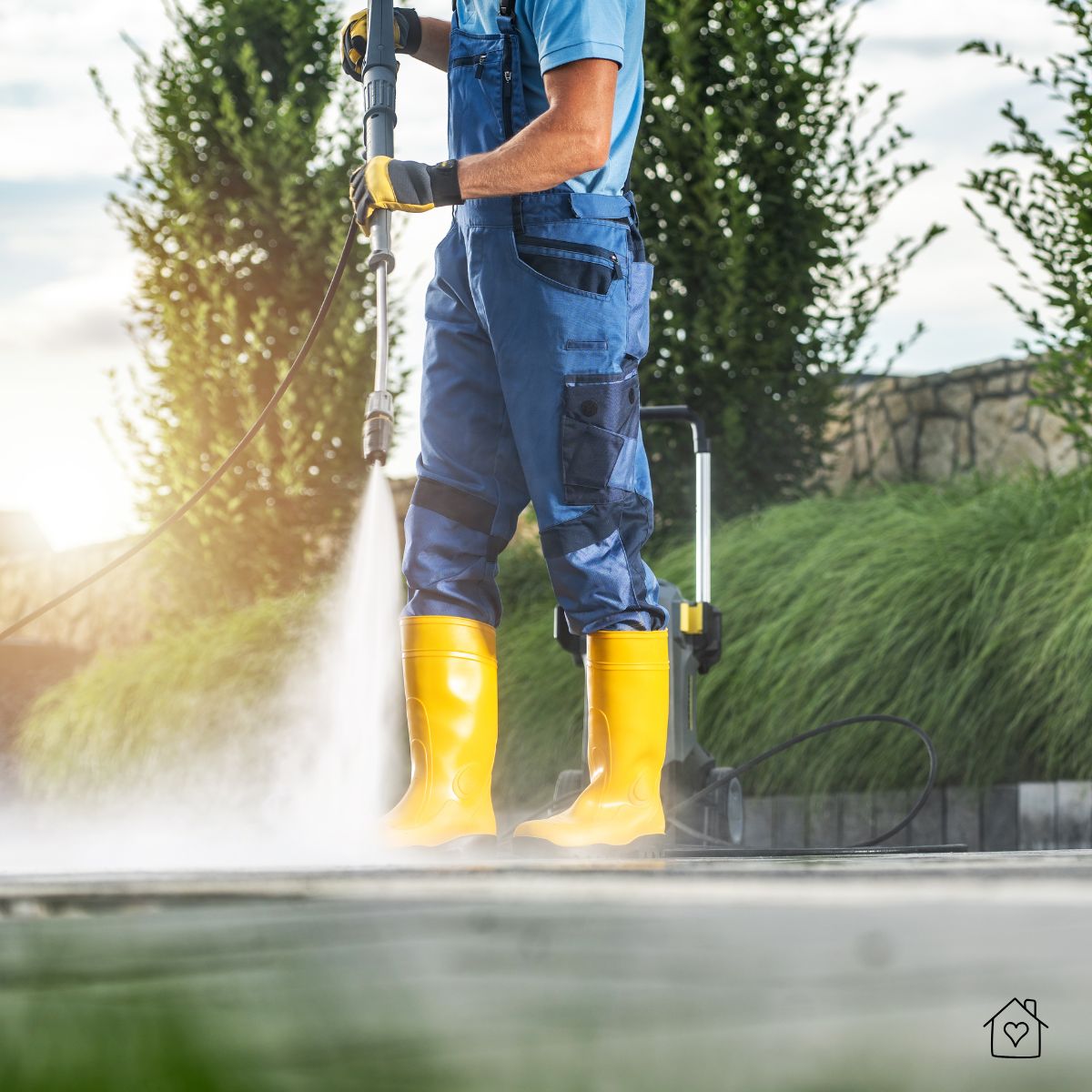 Person in protective boots pressure washes a concrete patio with a washer to remove grime, mildew, and stains.