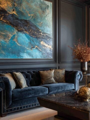 Velvet sofa with patterned cushions beneath oversized abstract artwork and a marble coffee table in a dark, elegant living room.