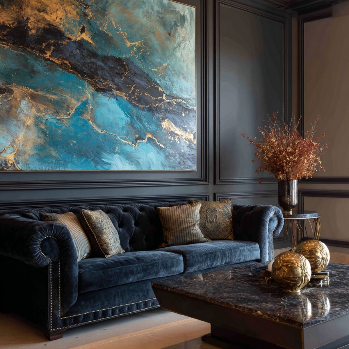 Velvet sofa with patterned cushions beneath oversized abstract artwork and a marble coffee table in a dark, elegant living room.