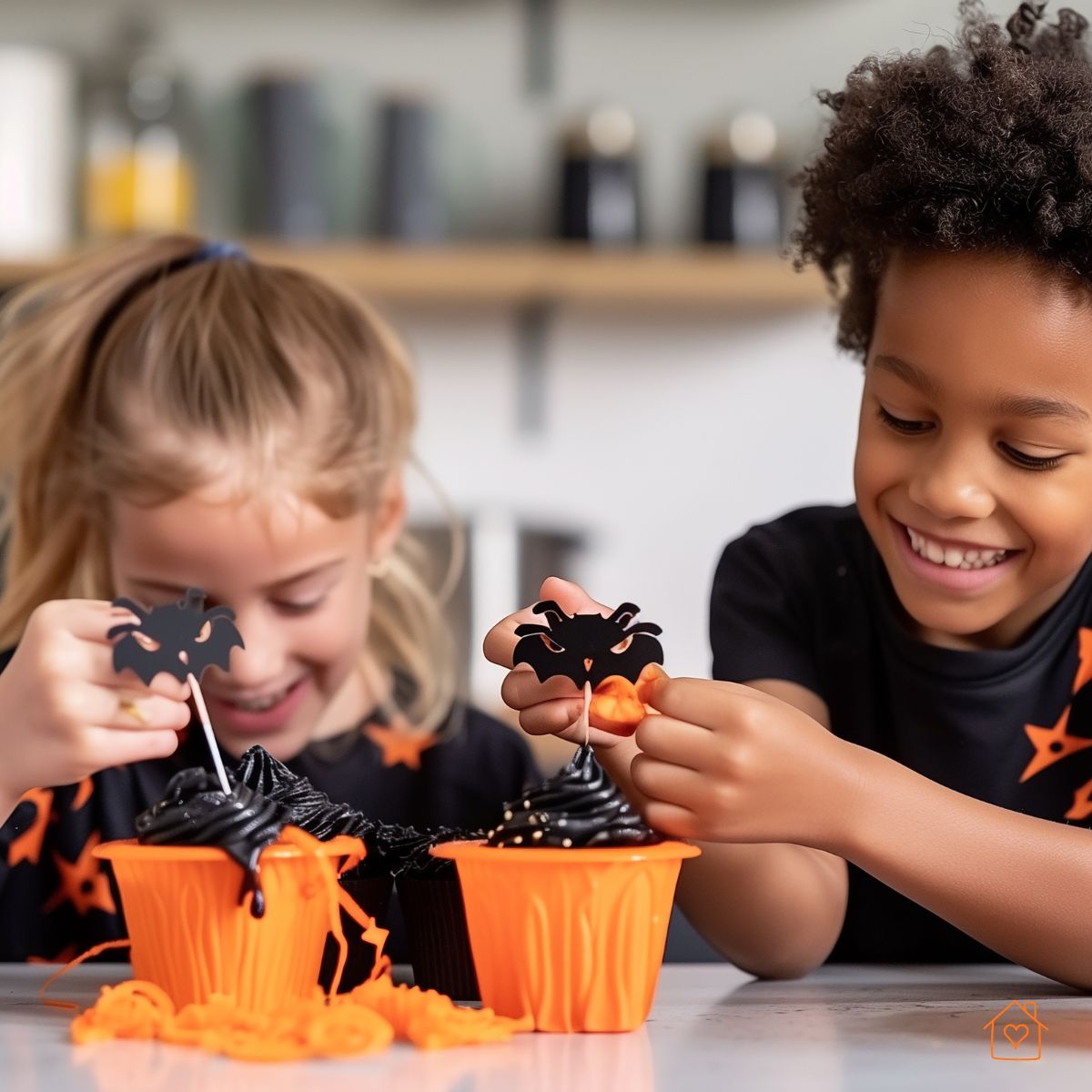 Two children smiling as they decorate black and orange frosted cupcakes with bat-shaped toppers.