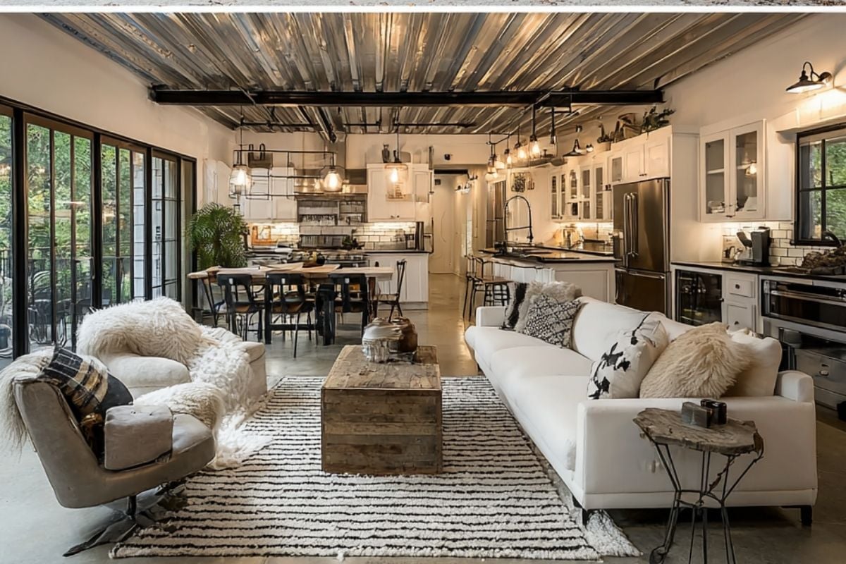 Open-concept container home with a metal ceiling, black-framed glass doors, cozy seating area, and a rustic wooden coffee table blending comfort with modern design.