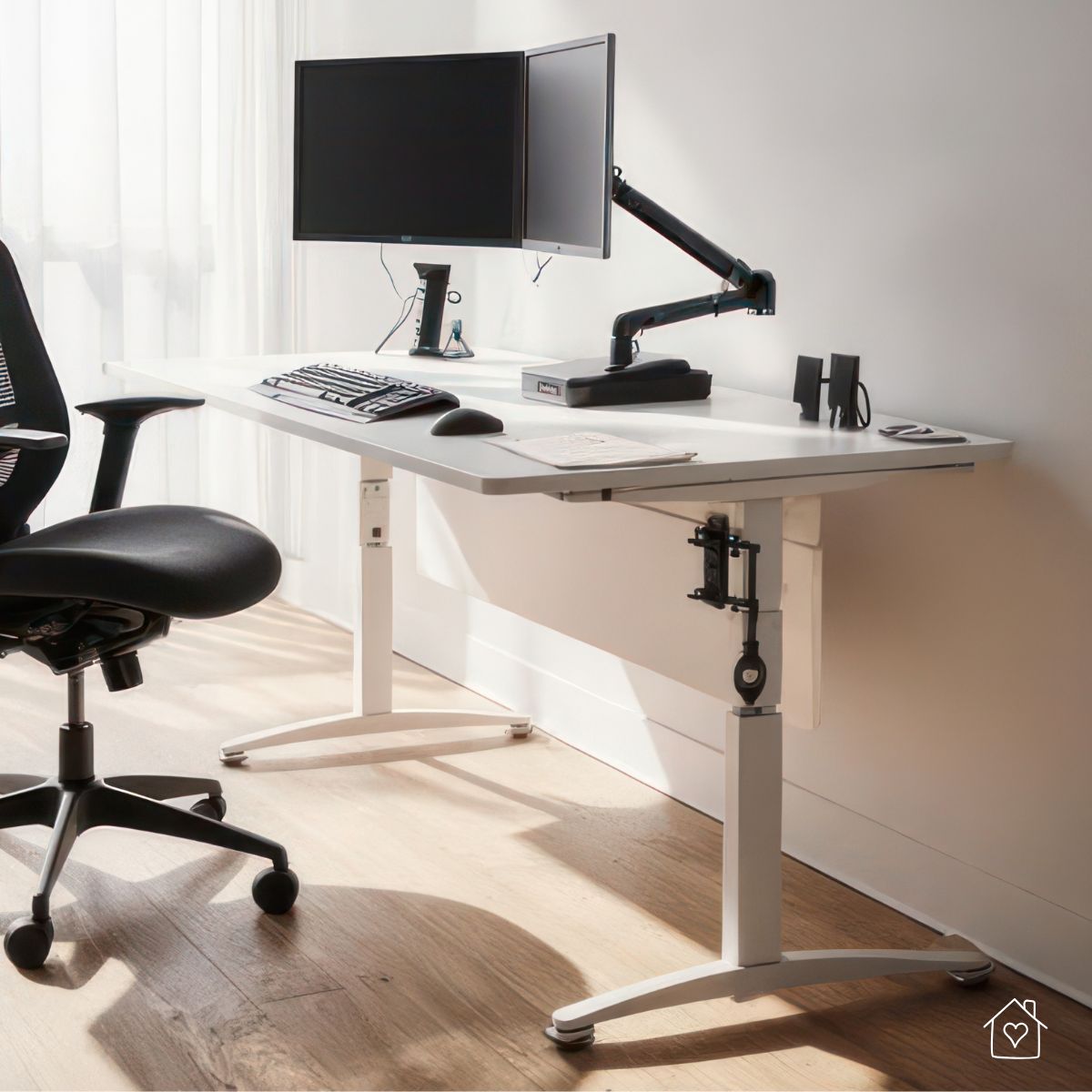 Adjustable monitor arm mounted to a standing desk, positioning the screen at eye level with an ergonomic chair nearby.