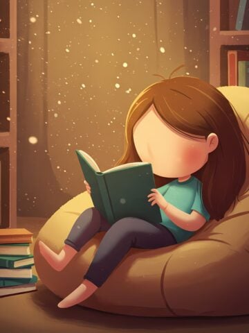 Whimsical illustration of a girl sitting on a bean bag, reading a book in a softly lit, peaceful room with bookshelves and warm colors.