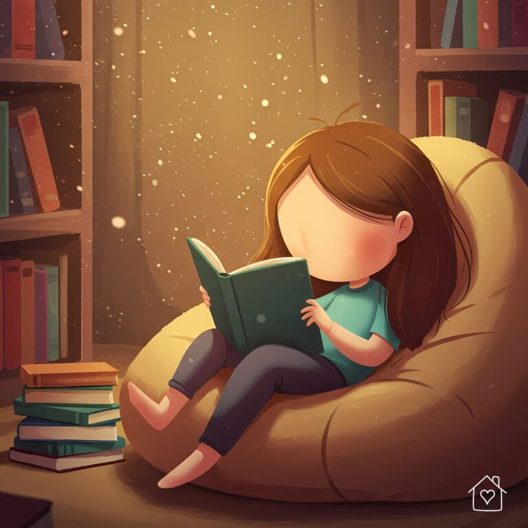 Whimsical illustration of a girl sitting on a bean bag, reading a book in a softly lit, peaceful room with bookshelves and warm colors.