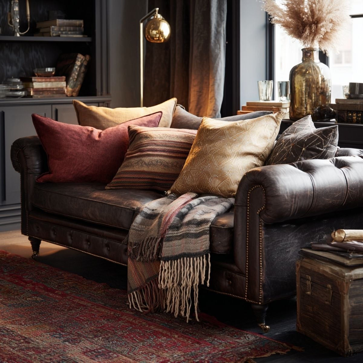 Brown leather chesterfield layered with patterned cushions and a fringed throw beside warm metallic décor.