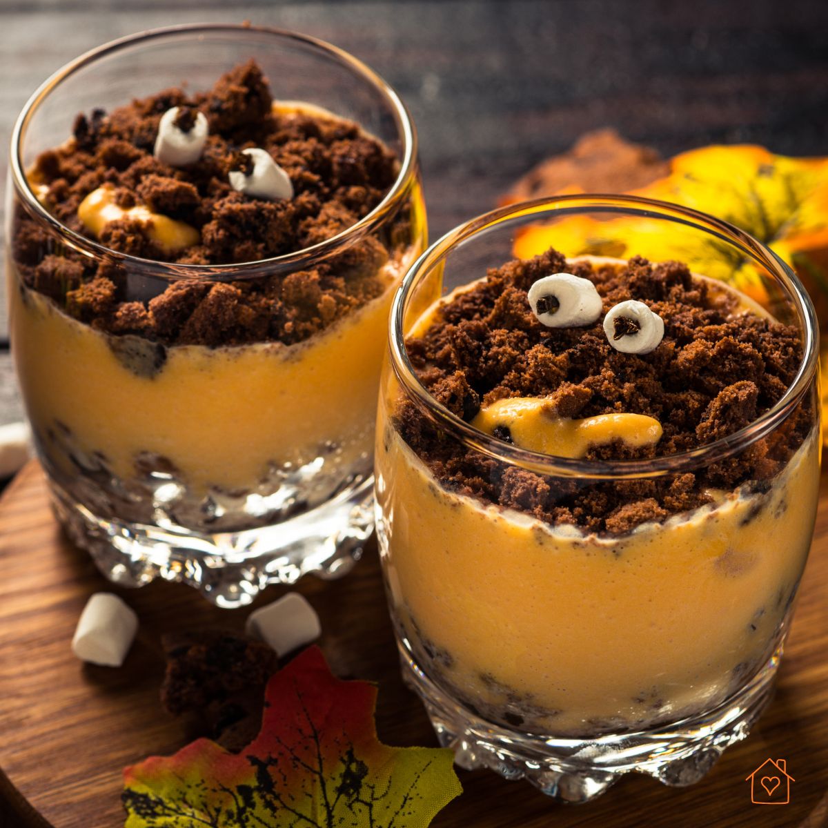 Small dessert glasses filled with orange pudding and chocolate cookie crumbs topped with candy eyes.