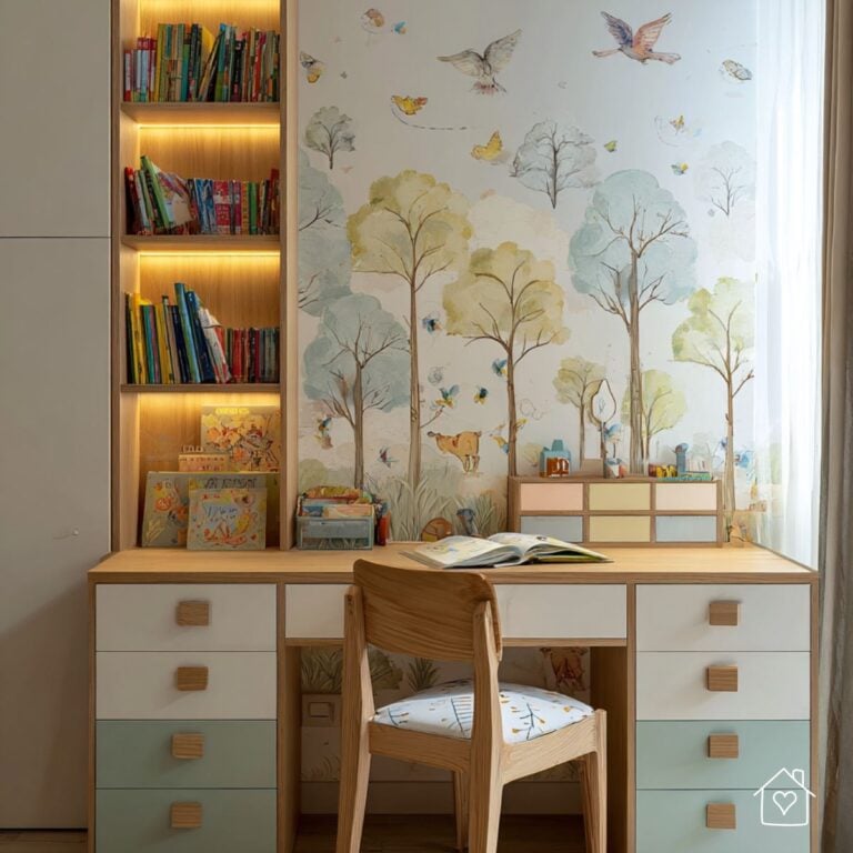 A bright children's study area with bookshelves, nature-themed wallpaper, and a wooden desk with organized drawers and study supplies.