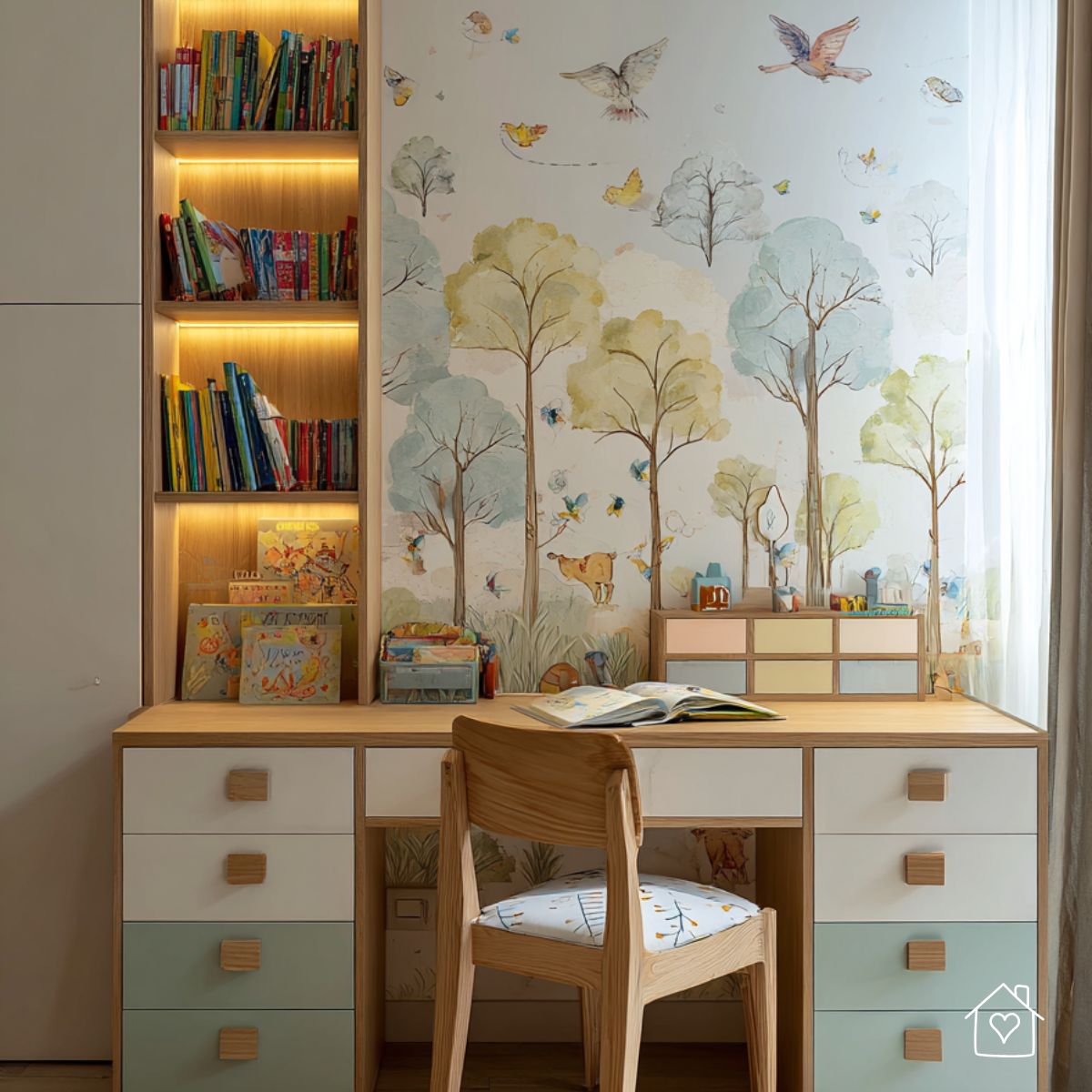 A bright children’s study area with bookshelves, nature-themed wallpaper, and a wooden desk with organized drawers and study supplies.