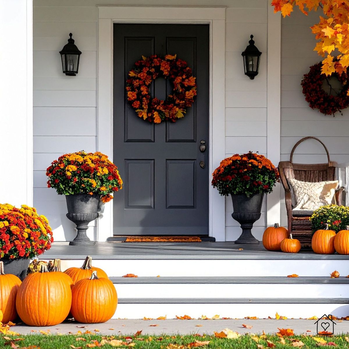 Front porch styled for autumn with pumpkins, orange mums, and a leaf wreath on a charcoal door—welcoming seasonal curb appeal.